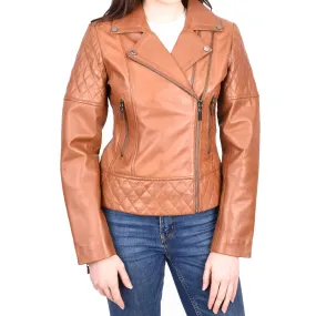 Womens Leather Biker Jackets Asymmetrical Zip Quilted Trendy Design Maeve Tan