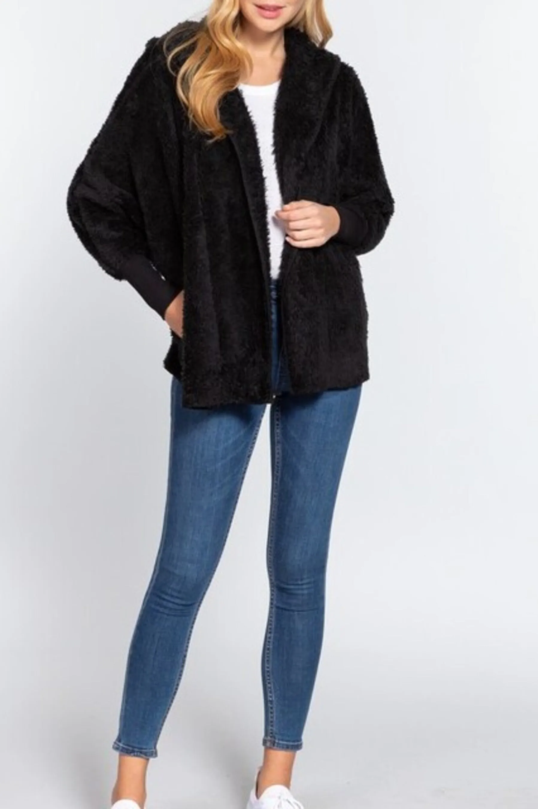 Women's Long sleeve hoodie oversized faux fur open jacket