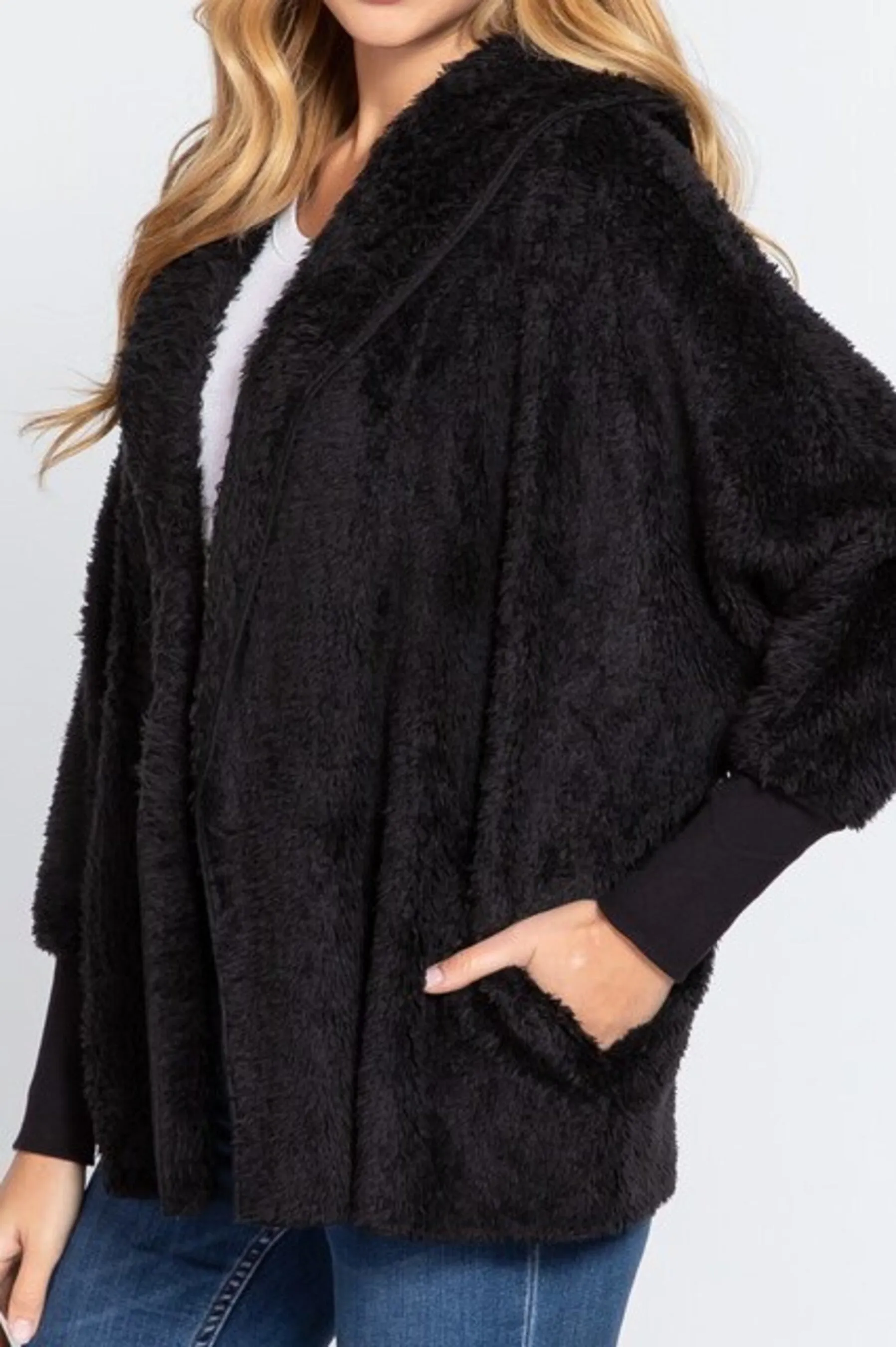 Women's Long sleeve hoodie oversized faux fur open jacket