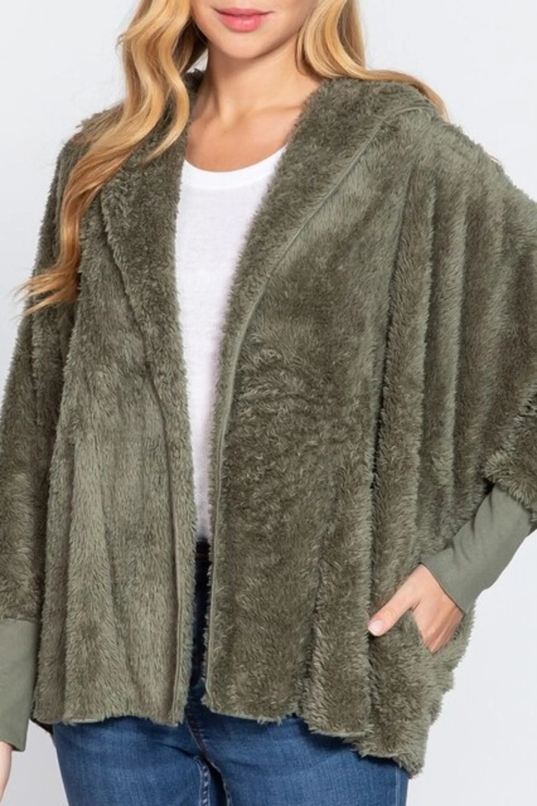 Women's Long sleeve hoodie oversized faux fur open jacket