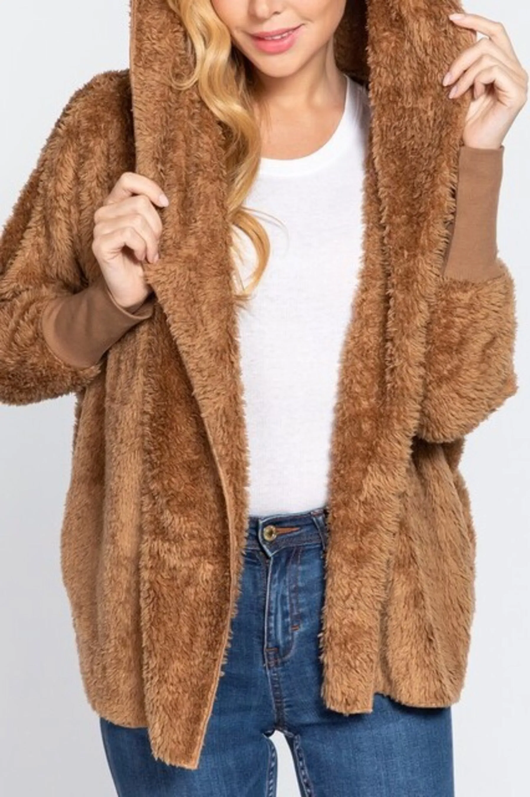 Women's Long sleeve hoodie oversized faux fur open jacket