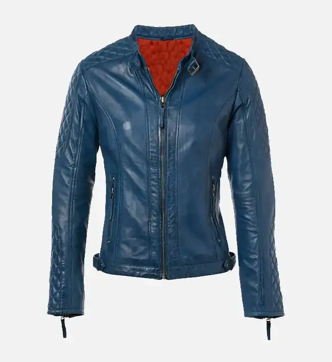 Women’s Short Quilted Shoulder Blue Leather Jacket