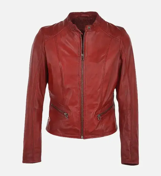 Women’s Simple Moto Red Leather Jacket