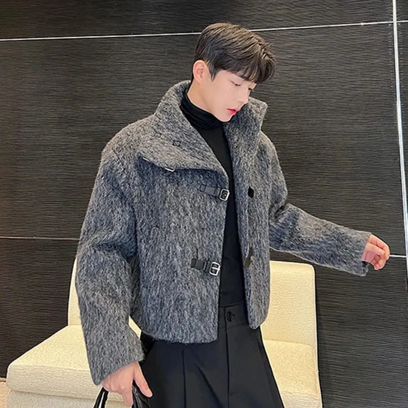 Wool Coat Trend Men's Autumn Winter Design Thickened Grey Woolen Cloth Leather Button Stand Collar Short Windbreaker 9C2080