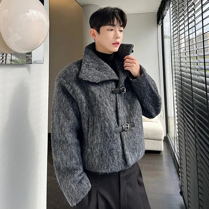 Wool Coat Trend Men's Autumn Winter Design Thickened Grey Woolen Cloth Leather Button Stand Collar Short Windbreaker 9C2080