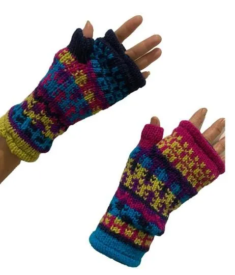 Wool Knit Fleece Lined  Wrist Warmers - Mismatch Pink Purple