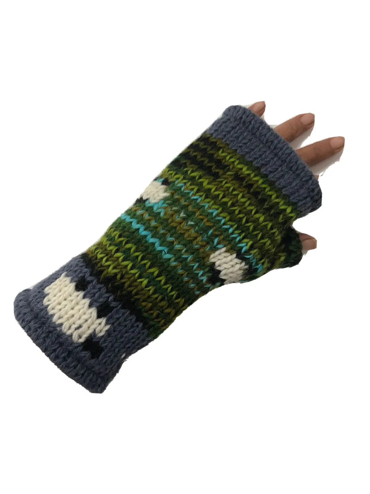 Wool Knit Fleece Lined  Wrist Warmers - Sheep Green Grey