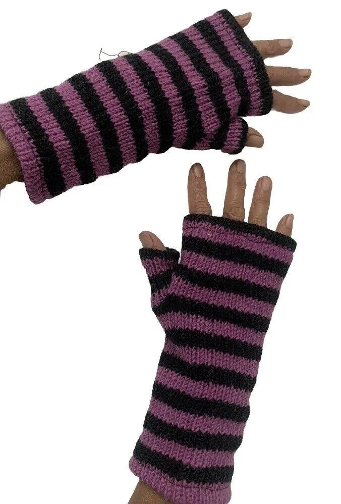 Wool Knit Fleece Lined  Wrist Warmers - Stripe Cerise Black