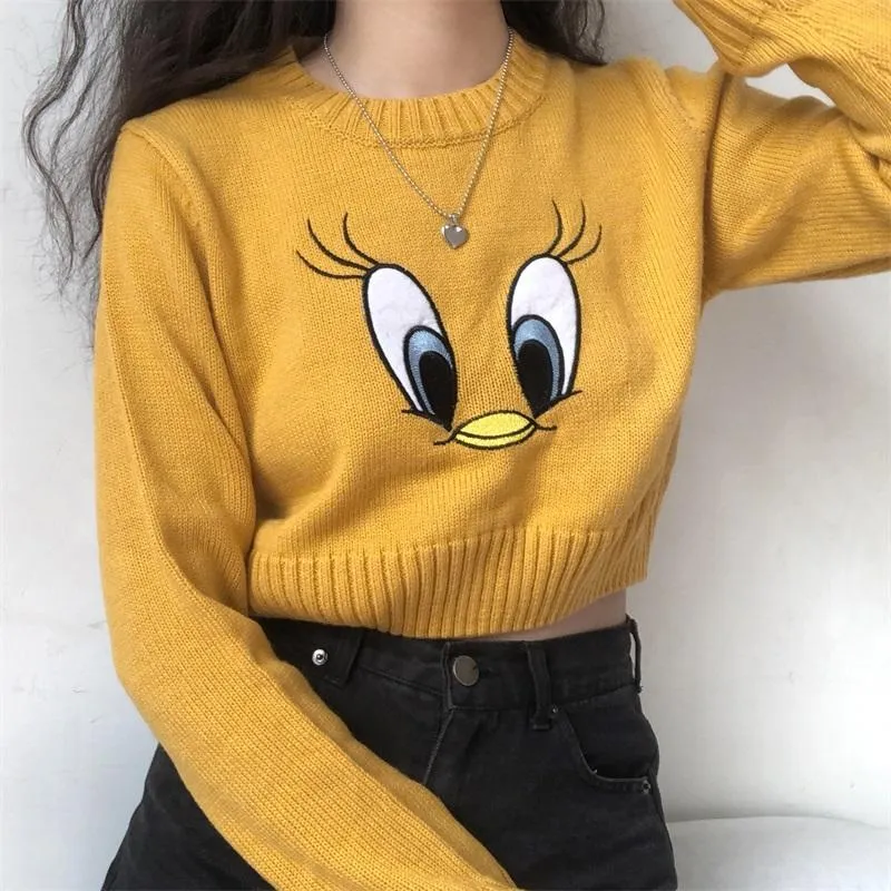 Yellow Tweety Embroidery Knitted Crop Sweater