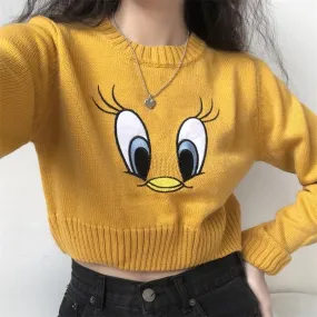 Yellow Tweety Embroidery Knitted Crop Sweater